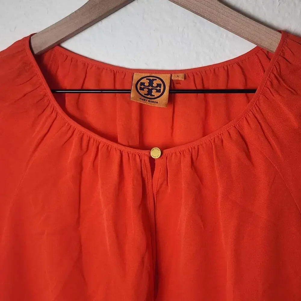 Tory Burch Blouse Womens 6 Orange Silk Long Sleeve Scoop Neck Top Pullover